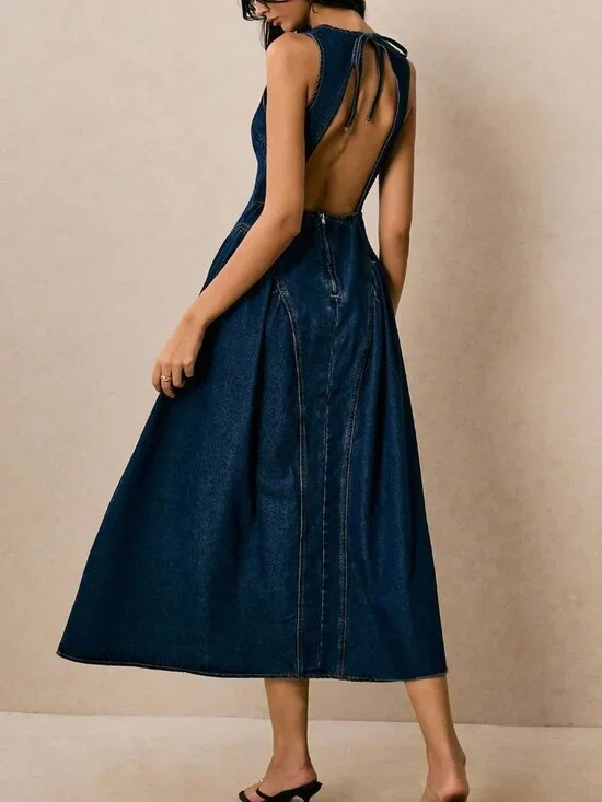 Dark Wash Casual Women's Sleeveless Flared Denim Dress - Picture 3 of 7